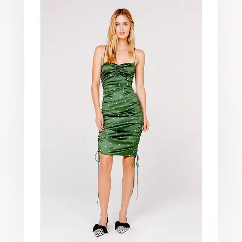 For Love & Lemons Paula Ruched Drawstring Polka Dot Dress Green Women’s Small